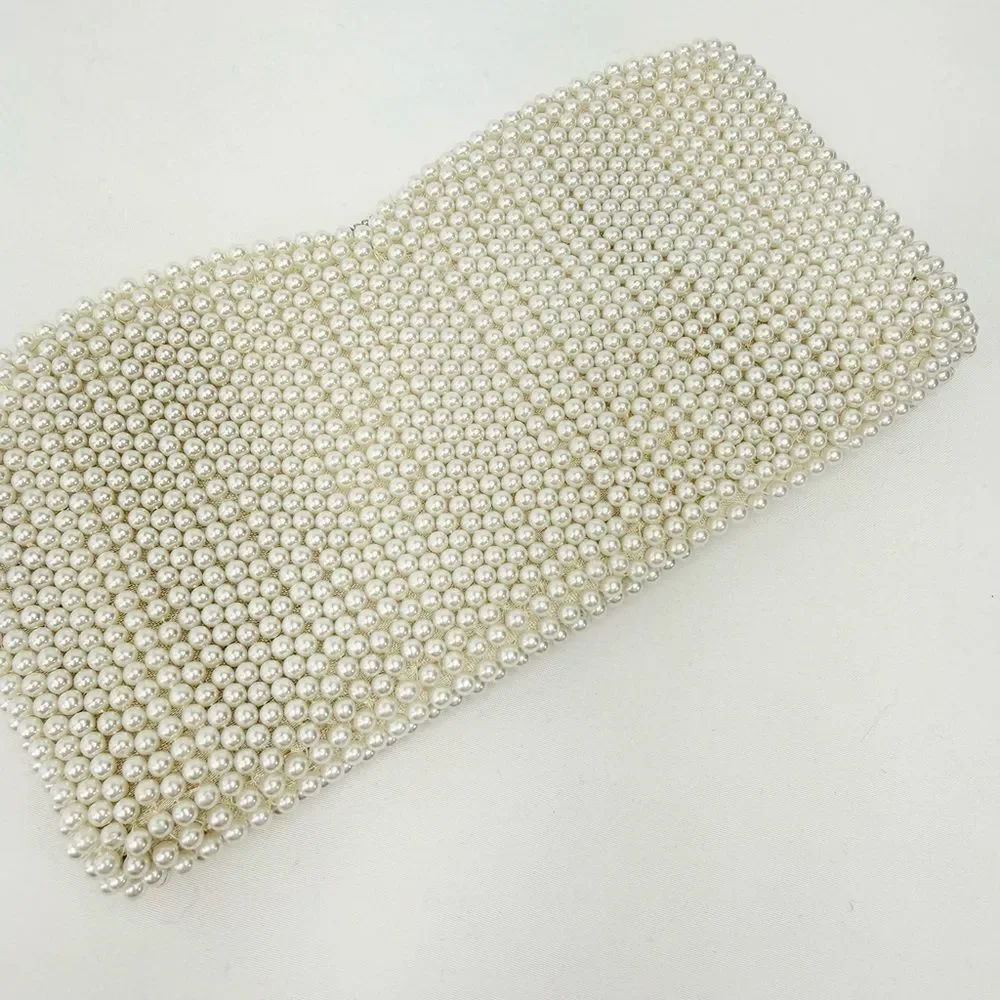 Vintage White Silver Pearl Beaded  Mini Clutch Bag